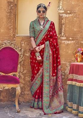 Red Printed Silk Saree Set