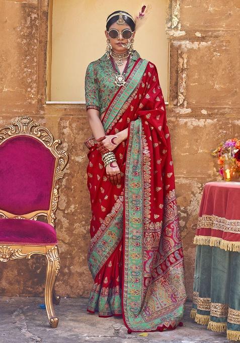 Red Printed Silk Saree Set