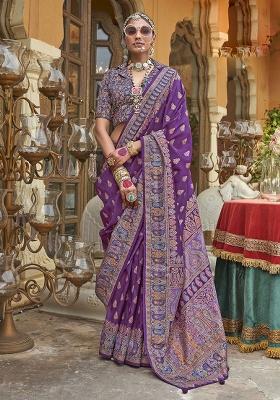 Purple Printed Silk Saree Set