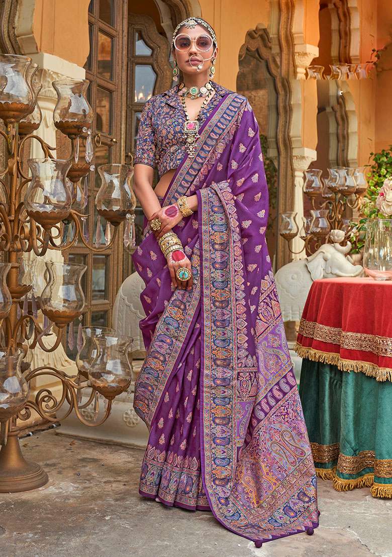 Purple Printed Silk Blend Saree Set - Indya