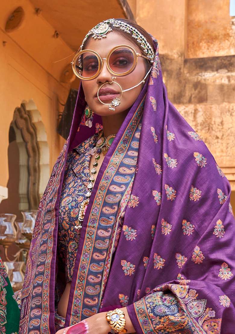 Purple Printed Silk Blend Saree Set - Indya