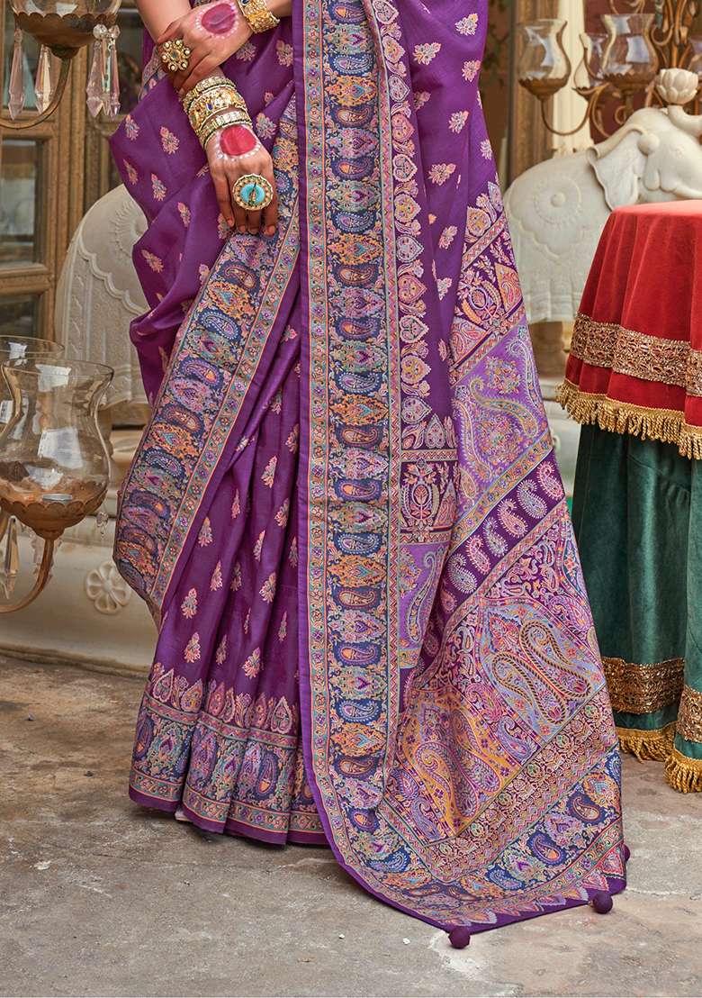 Purple Printed Silk Blend Saree Set - Indya