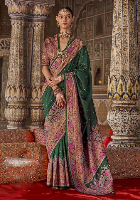 Dark Green Printed Silk Saree Set