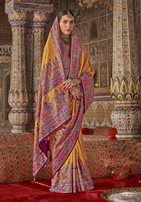 Mustard Printed Silk Saree Set