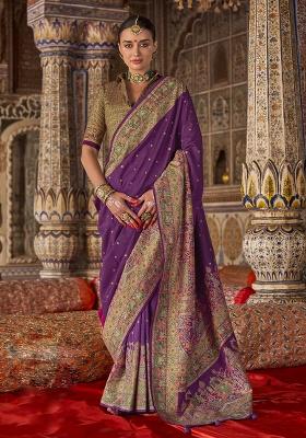 Purple Printed Silk Saree Set