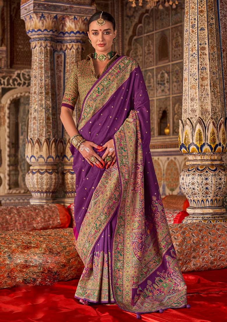 Purple Printed Silk Blend Saree Set - Indya
