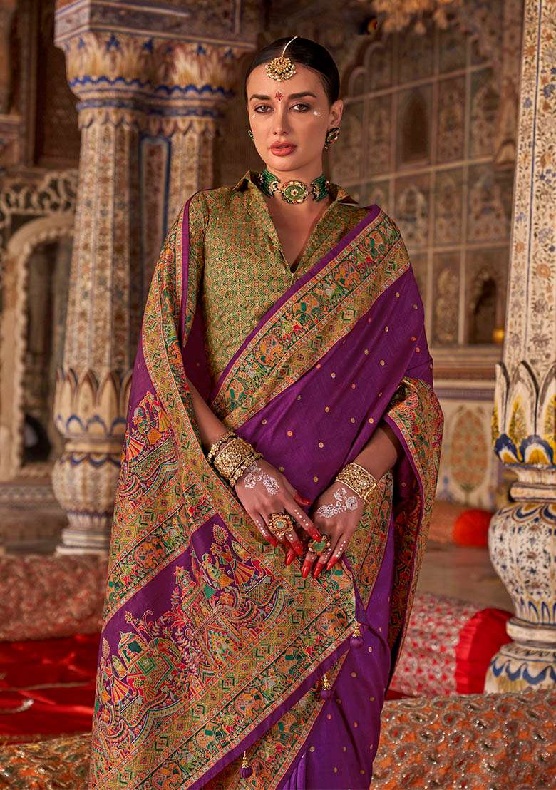 Purple Printed Silk Blend Saree Set - Indya