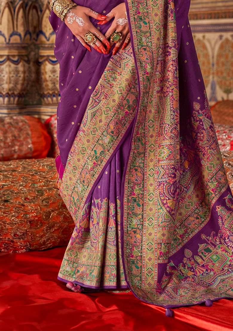 Purple Printed Silk Blend Saree Set - Indya