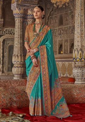 Turquoise Printed Silk Saree Set