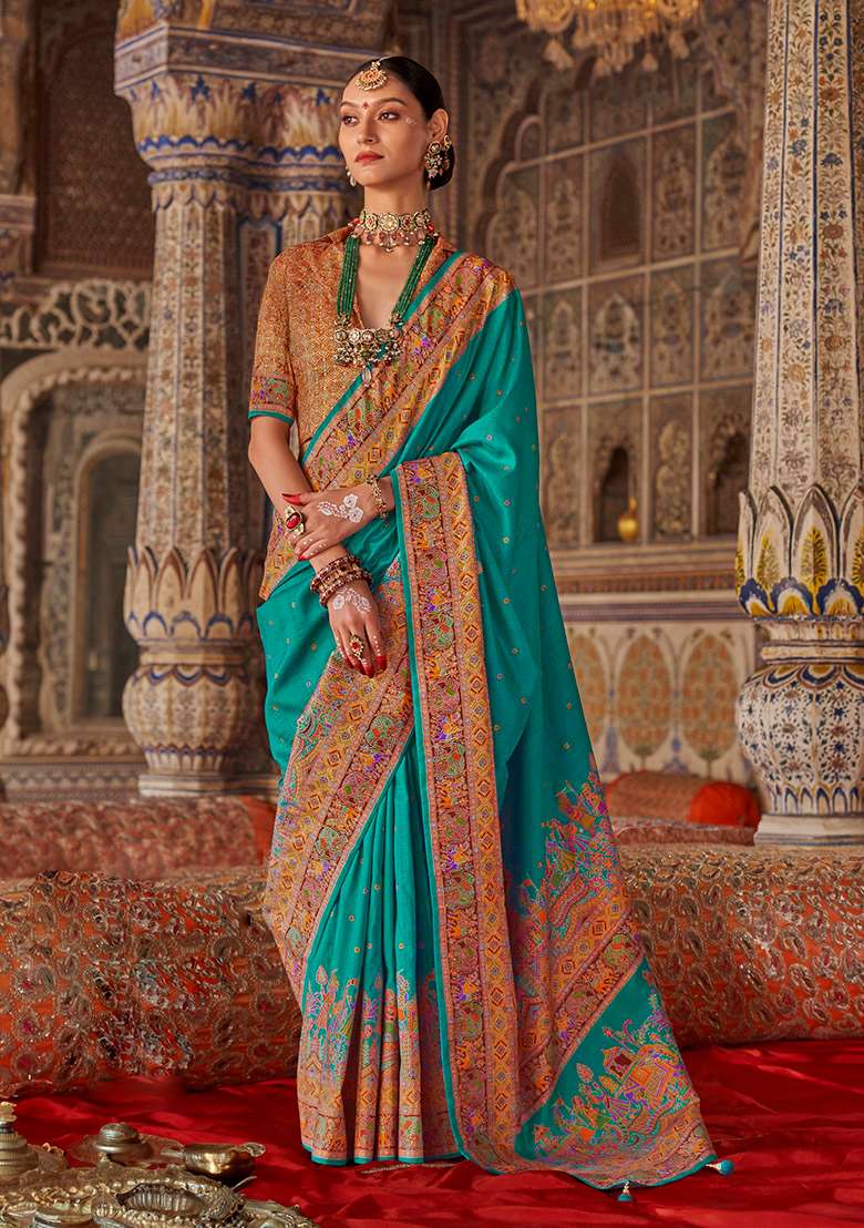 Turquoise Printed Silk Blend Saree Set - Indya