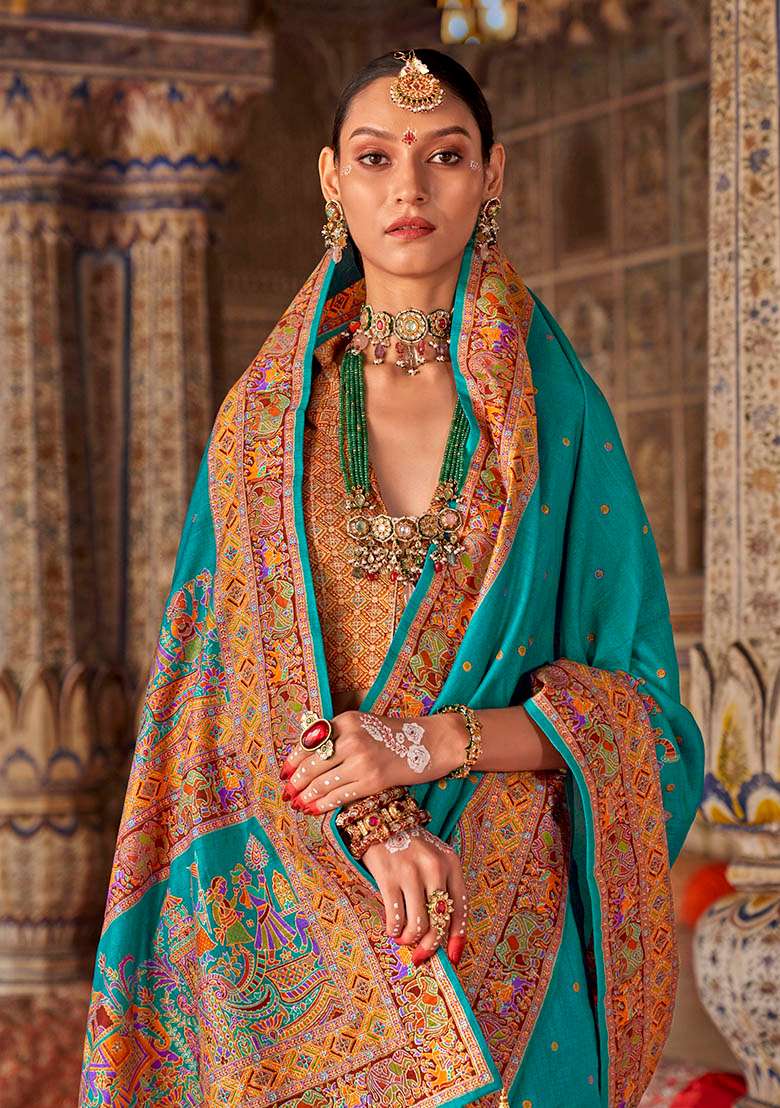 Turquoise Printed Silk Blend Saree Set - Indya