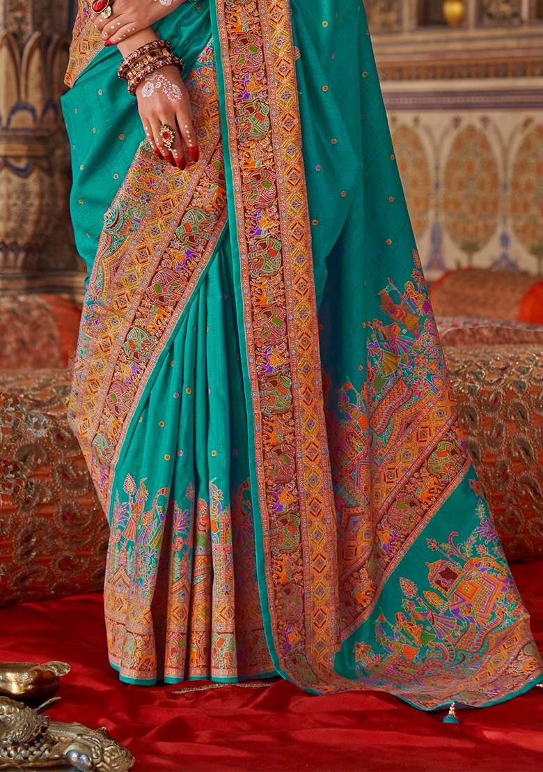 Turquoise Printed Silk Blend Saree Set - Indya