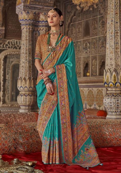 Turquoise Printed Silk Saree Set
