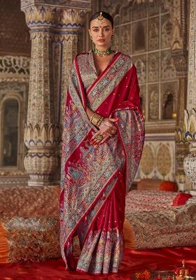 Red Printed Silk Saree Set