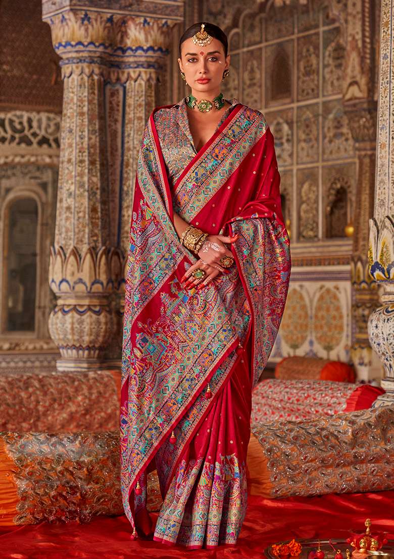Red Printed Silk Blend Saree Set - Indya