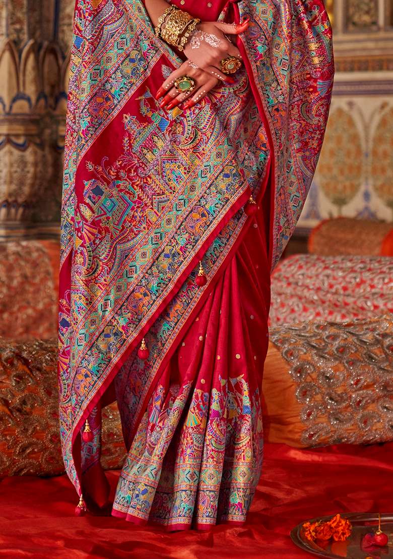 Red Printed Silk Blend Saree Set - Indya