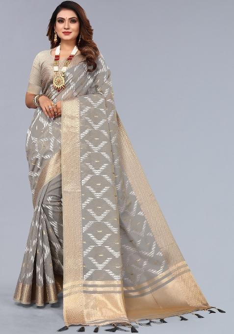 Grey Embroidery Cotton Saree