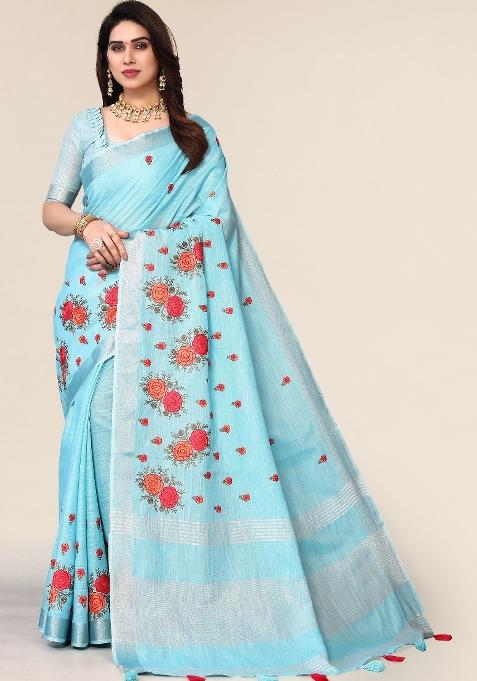 Blue Embroidery Cotton Saree