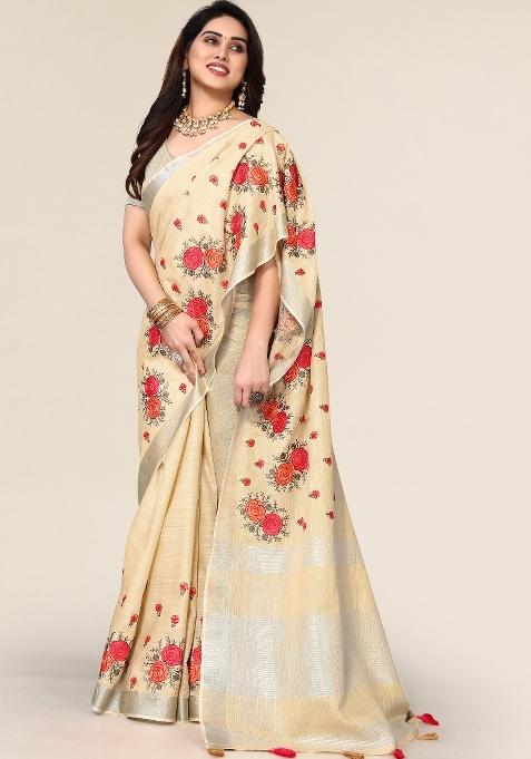 Cream Embroidery Cotton Saree