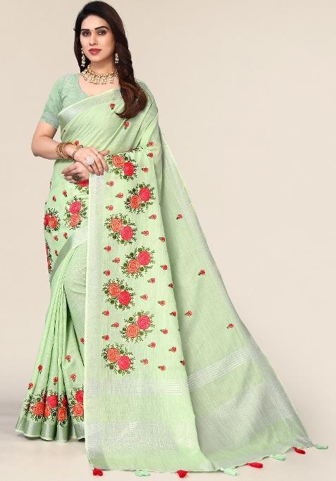 Green Embroidery Cotton Saree