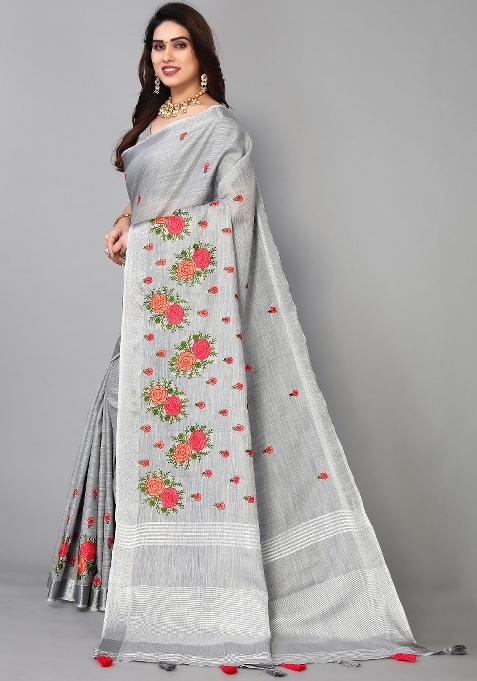 Grey Embroidery Cotton Saree