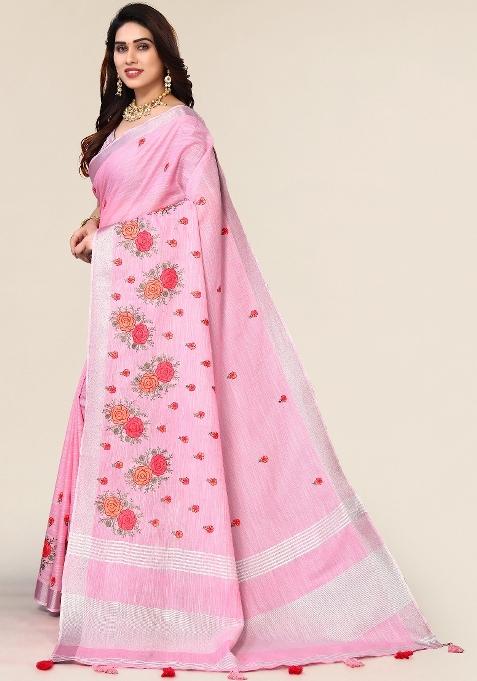 Pink Embroidery Cotton Saree