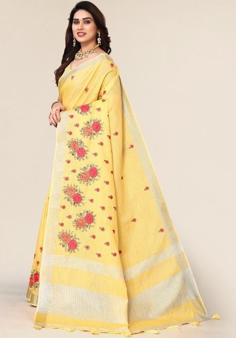 Yellow Embroidery Cotton Saree