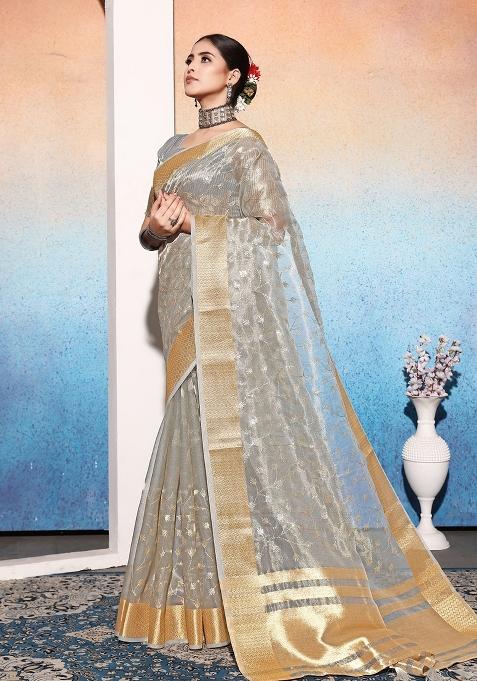 Grey Embroidery Silk Saree