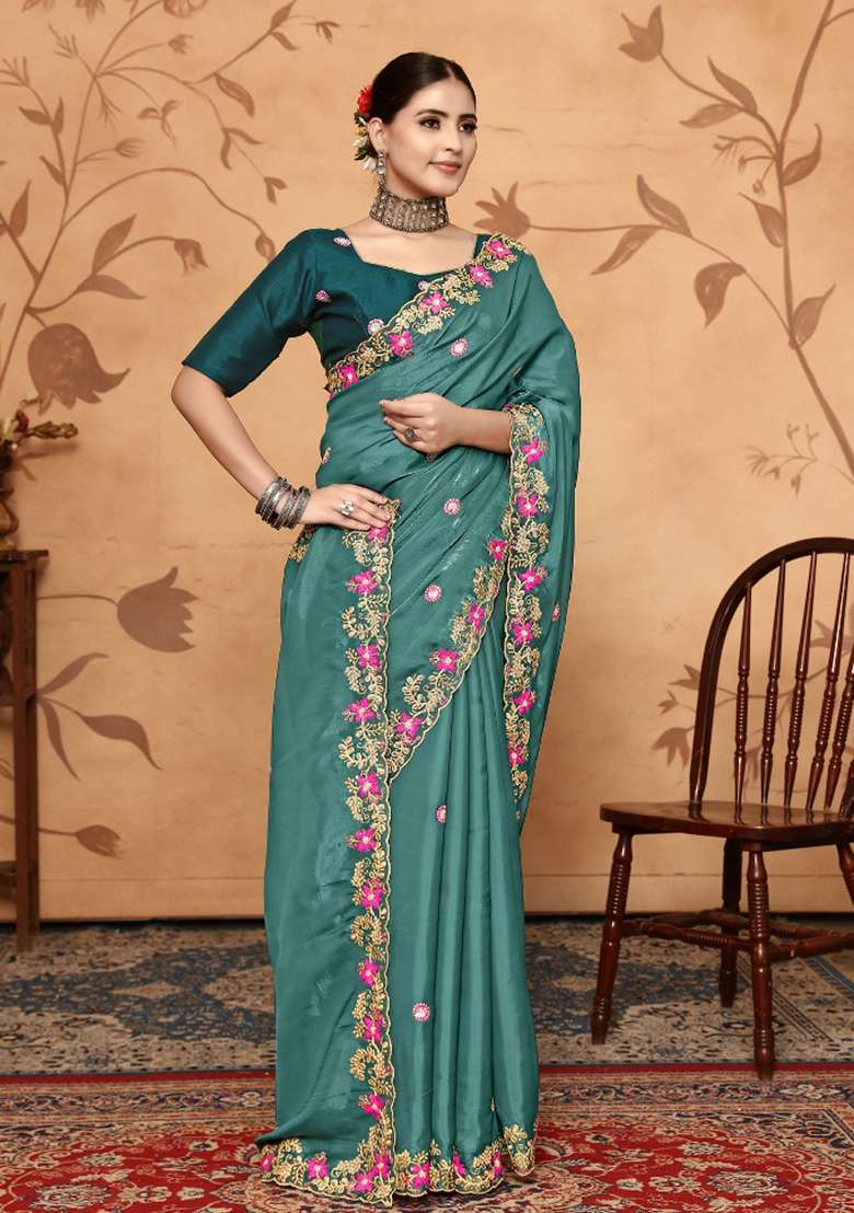 Teal Blue Embroidery Jimmy Choo Saree - Indya