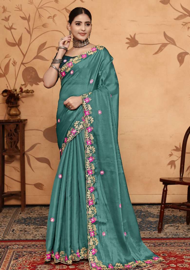 Teal Blue Embroidery Jimmy Choo Saree - Indya