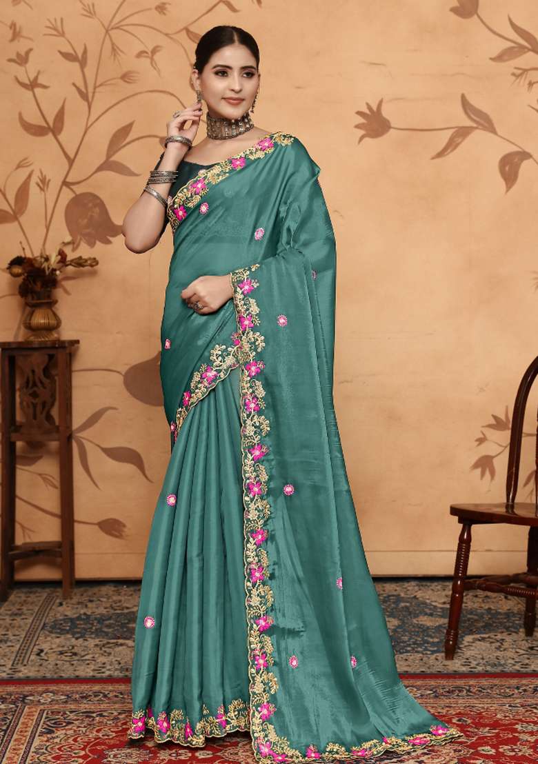 Teal Blue Embroidery Jimmy Choo Saree - Indya