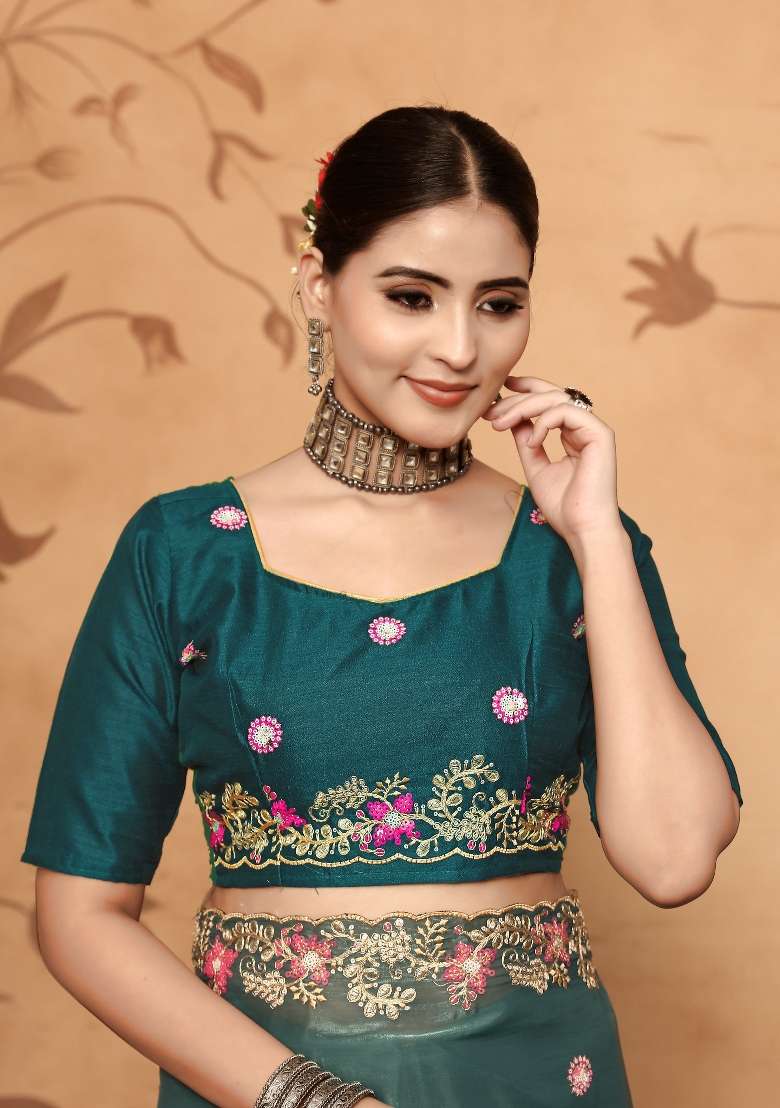 Teal Blue Embroidery Jimmy Choo Saree - Indya