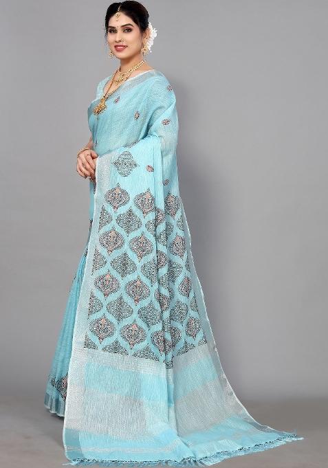 Blue Embroidery Cotton Saree