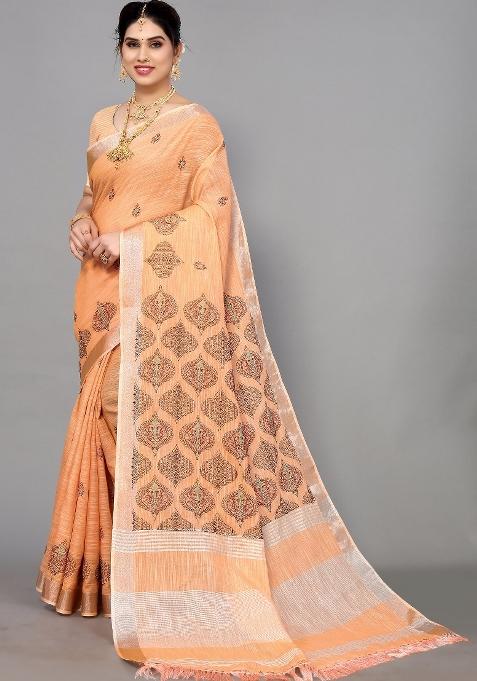 Orange Embroidery Cotton Saree