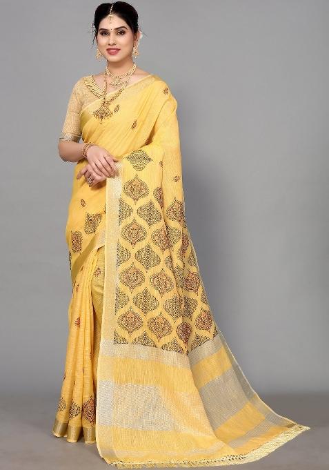 Yellow Embroidery Cotton Saree