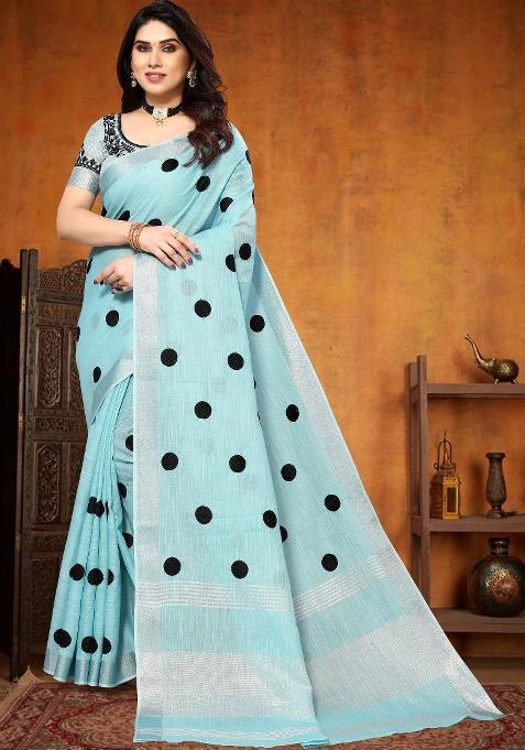 Blue Embroidery Cotton Saree