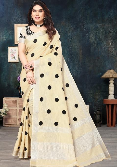 Cream Embroidery Cotton Saree