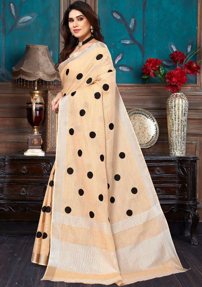 Dark Orange Embroidery Cotton Saree - Indya