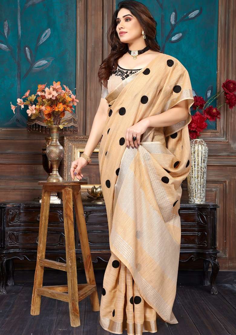 Dark Orange Embroidery Cotton Saree - Indya