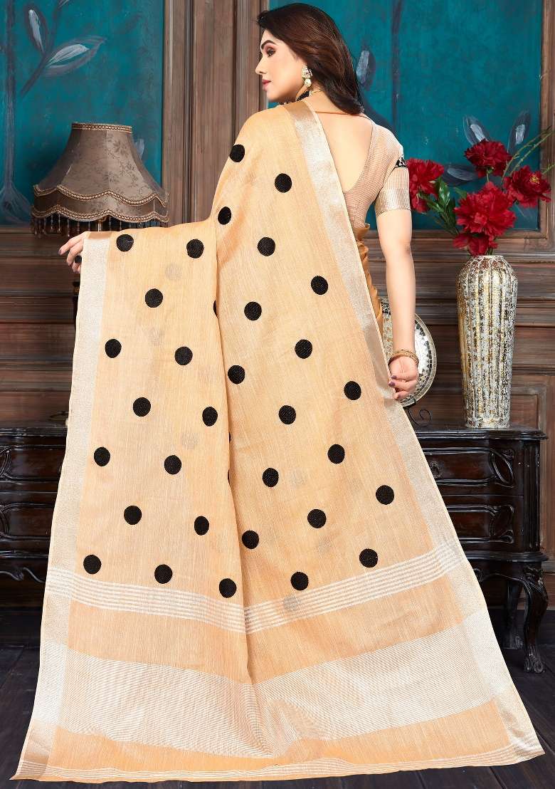 Dark Orange Embroidery Cotton Saree - Indya