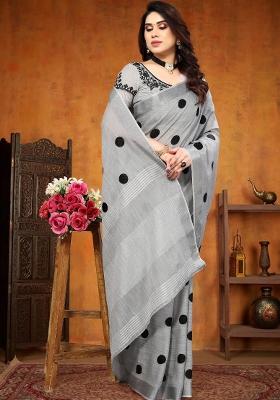 Grey Embroidery Cotton Saree