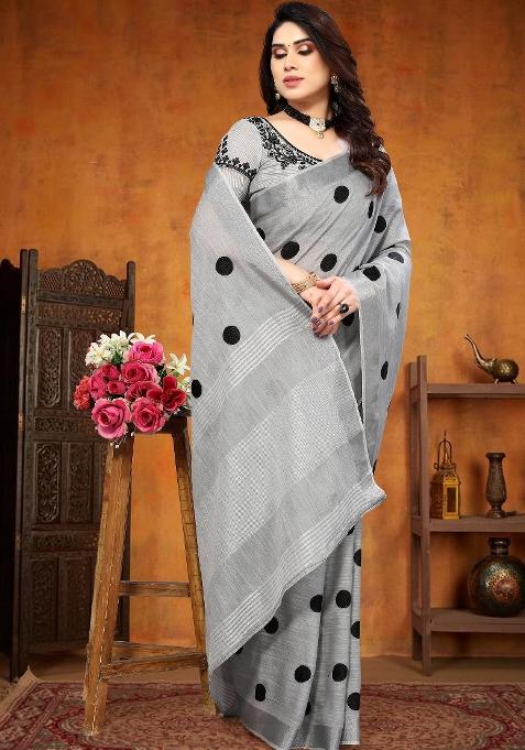 Grey Embroidery Cotton Saree