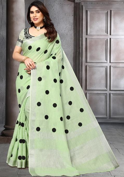 Light Green Embroidery Cotton Saree