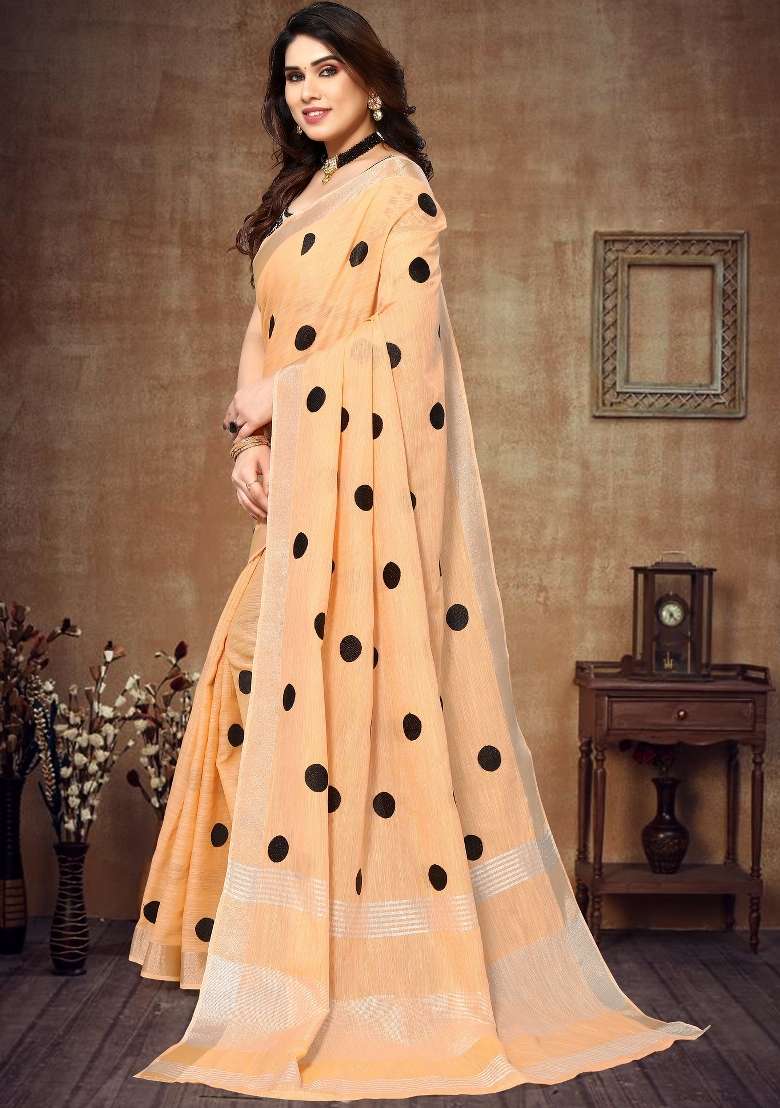 Orange Embroidery Cotton Saree - Indya