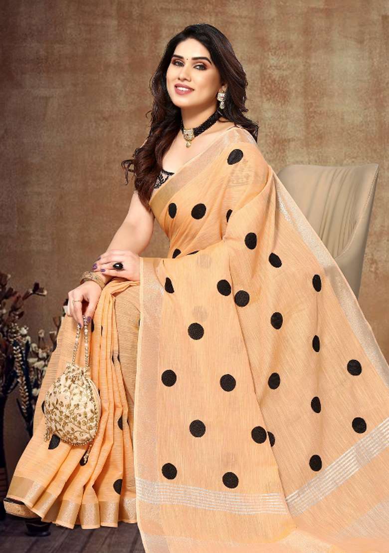 Orange Embroidery Cotton Saree - Indya