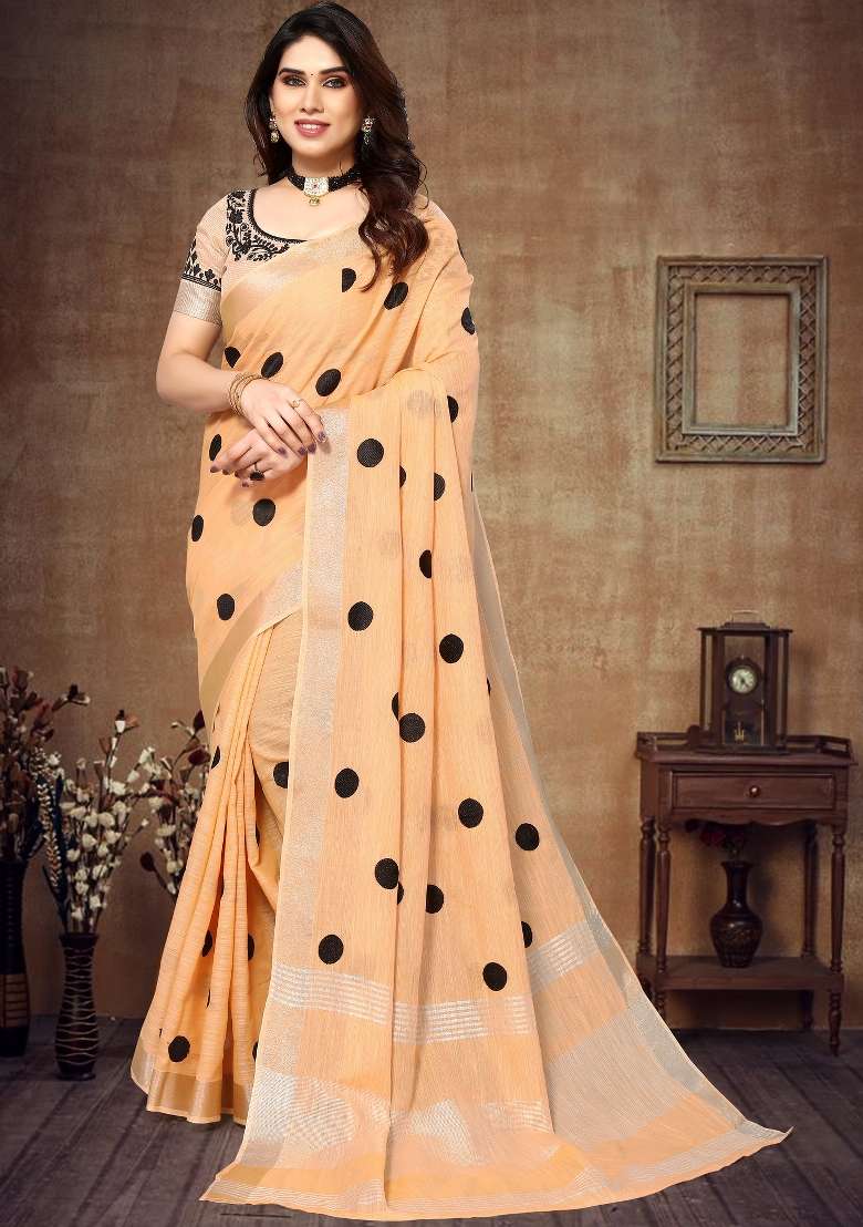 Orange Embroidery Cotton Saree - Indya