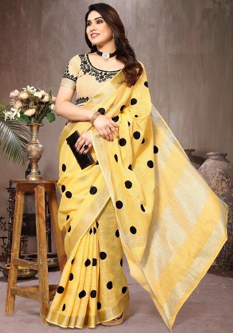 Yellow Embroidery Cotton Saree