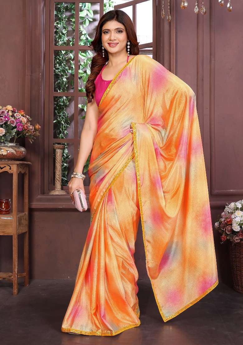 Orange Lace Work Cotton Saree - Indya
