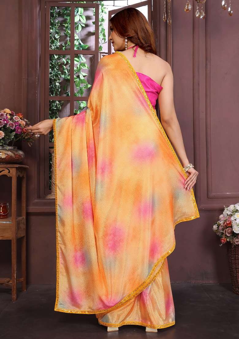 Orange Lace Work Cotton Saree - Indya