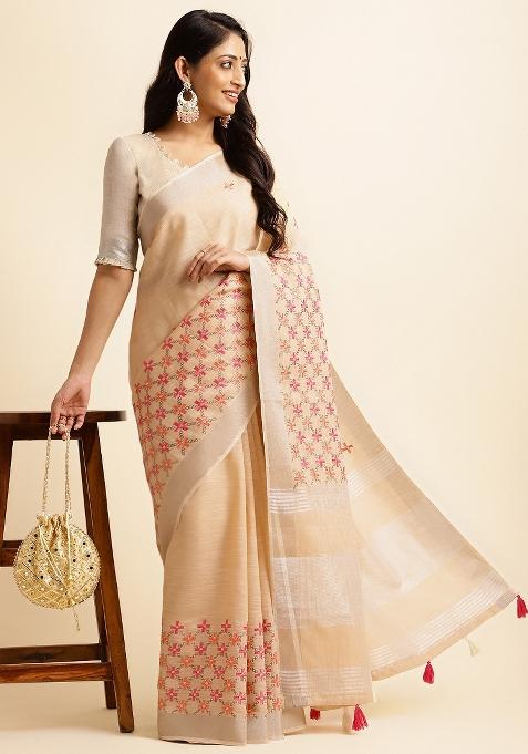 Cream Embroidery Cotton Saree